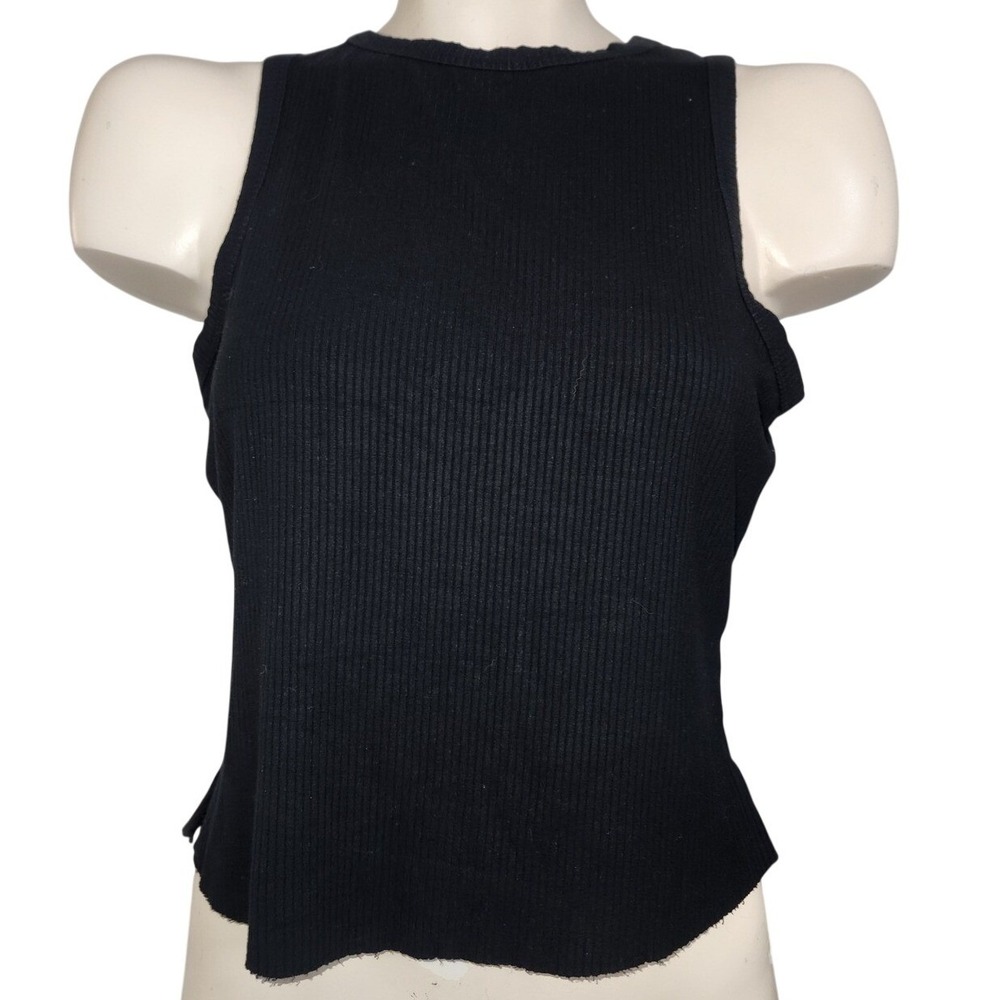 Who What Wear Black Ribbed High Neck Tank Top Raw Hem Size M casual beachy cozy
